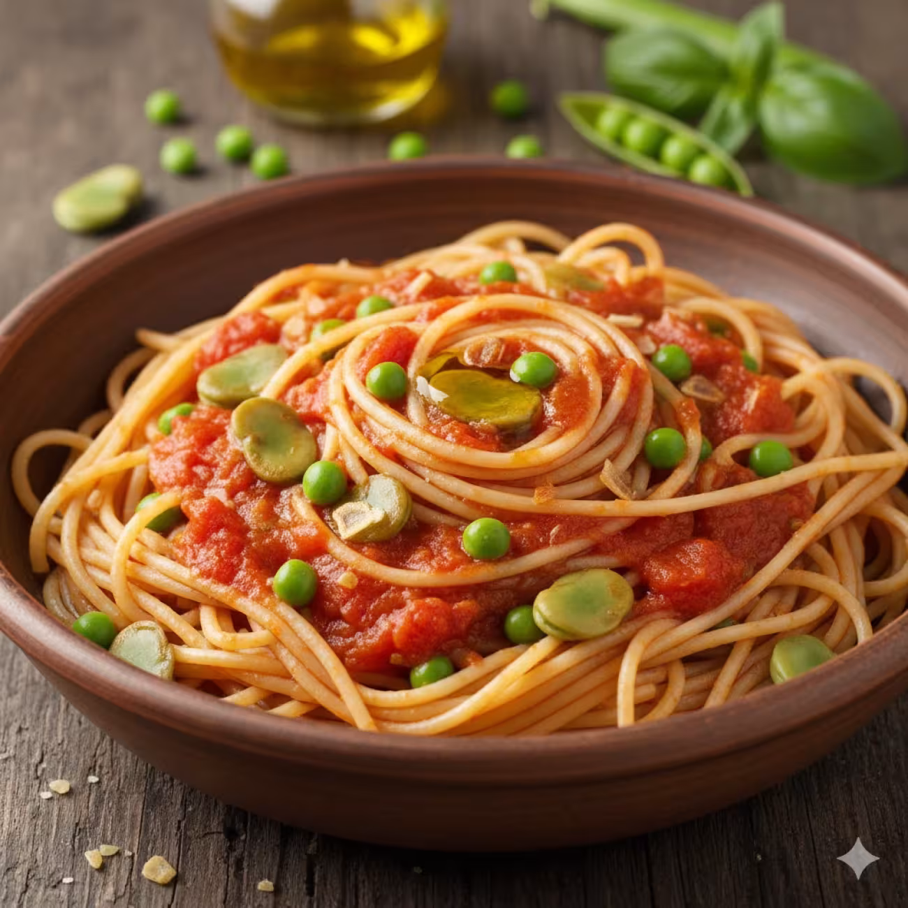 Espaguetis con habas y guisantes