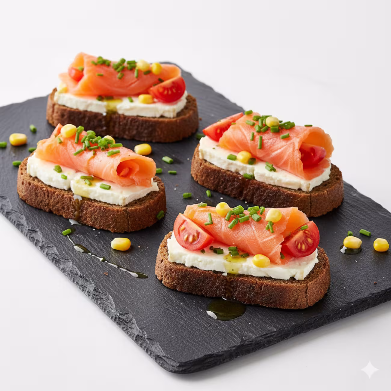 Canapé de salmón con queso de cabra sobre pan de centeno