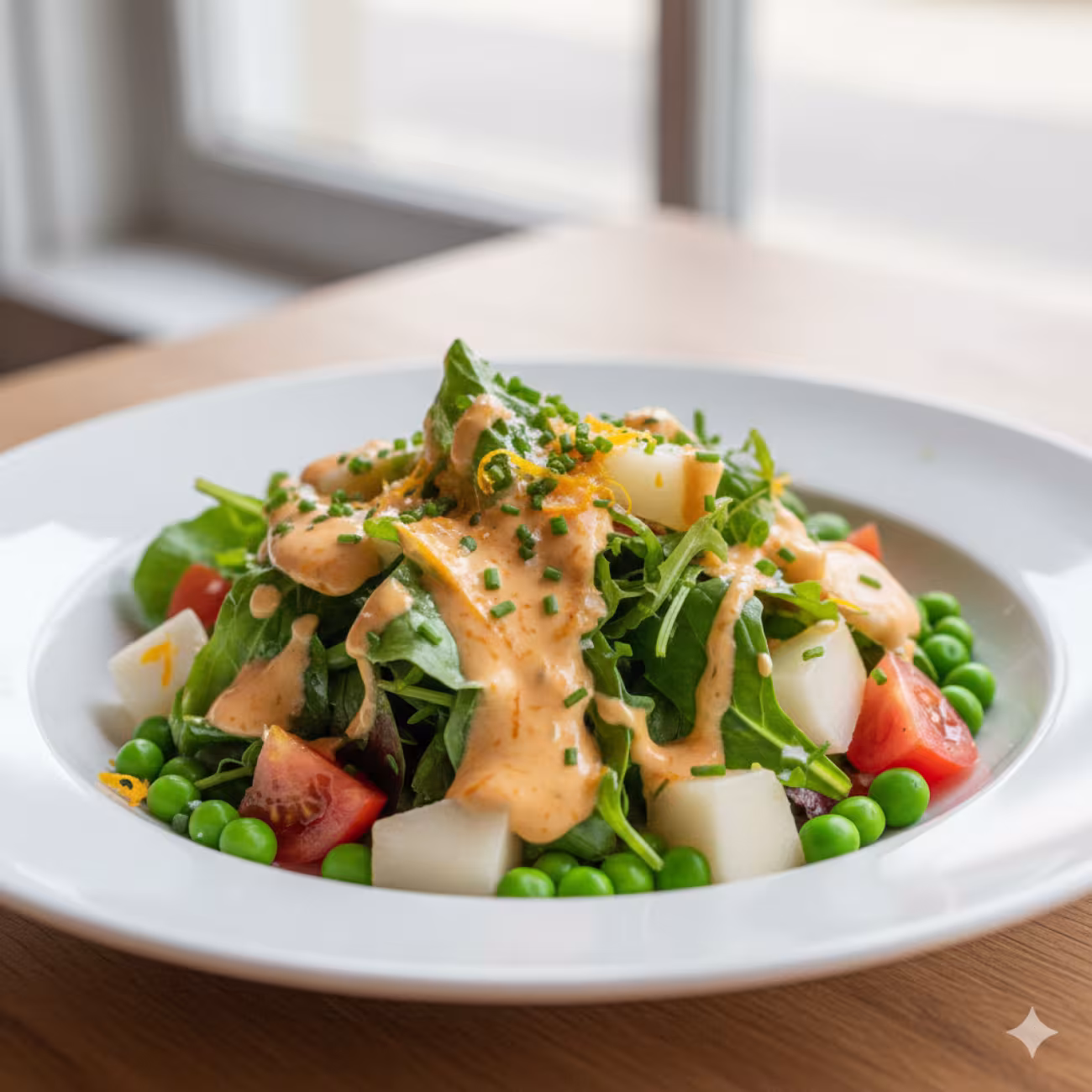 Ensalada de guisantes con vinagreta cremosa de naranja