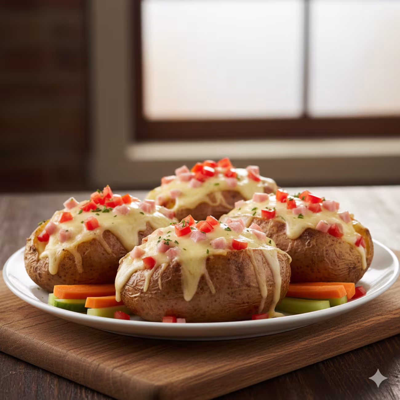 Patatas rellenas de jamón, queso y tomate
