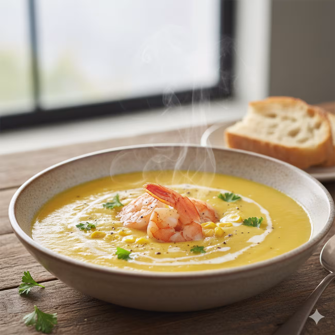 Sopa de maíz con gambas