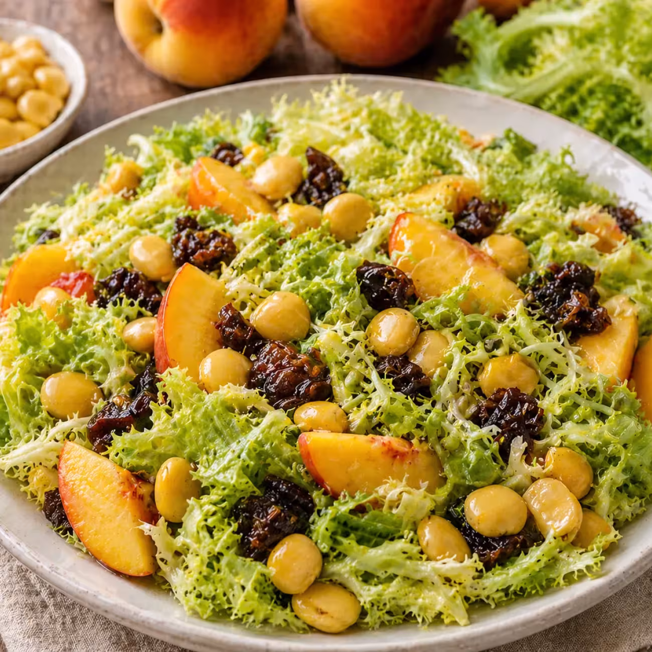 Ensalada de escarola y melocotones con altramuces