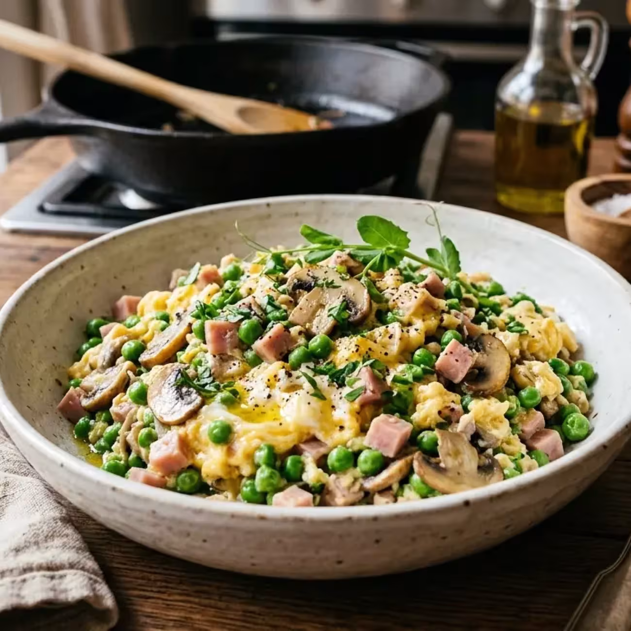 Revuelto de guisantes con jamón de pavo y champiñones